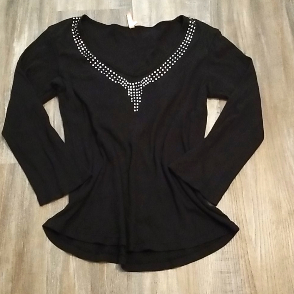 Rhinestone neckline, black cotton top